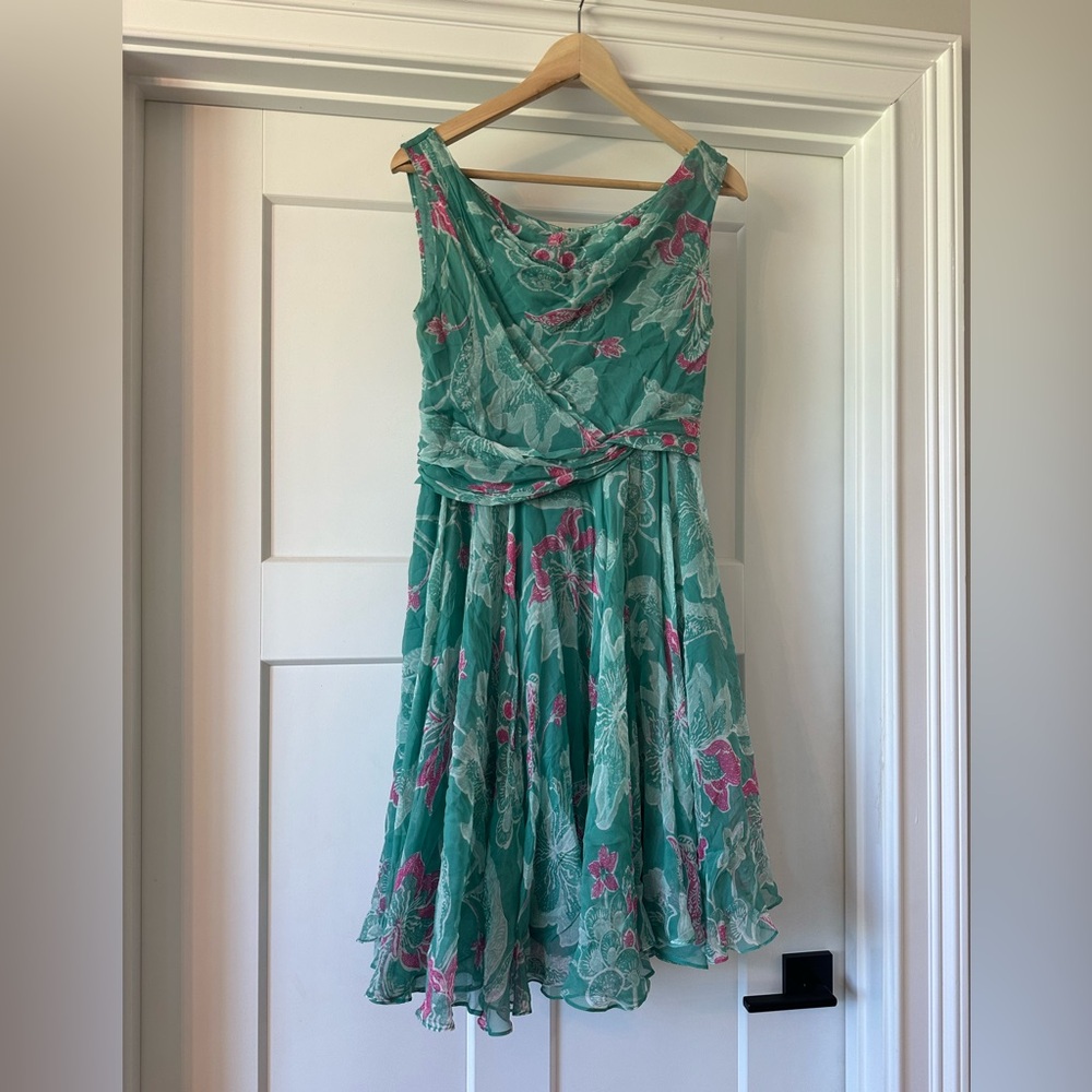 Odille Teal Floral Silk Dress with Pink Accents